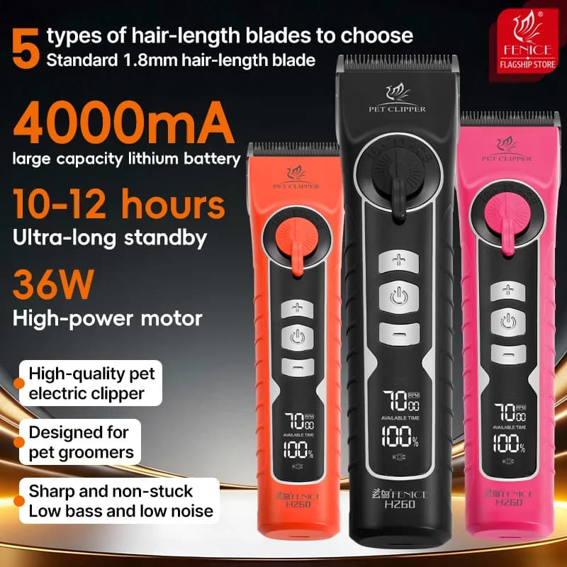 Fenice Orange Pink Dog Hair Cutting Machine 4000mA Capacity Cordless LCD Screen Pet Dog Grooming Clipper Rechargeable Shaver Kit