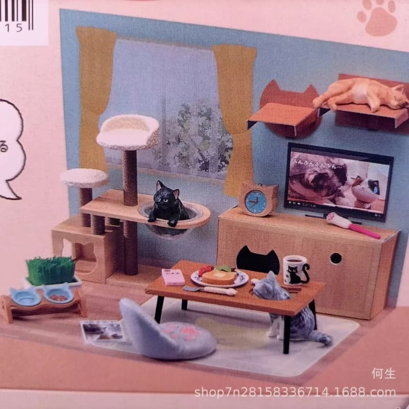 Simpatico gatto vita quotidiana scatola cieca giocattoli mini casa delle bambole fai da te creativo super carino lettiera per gatti scooper figurine raccogliere ornamenti