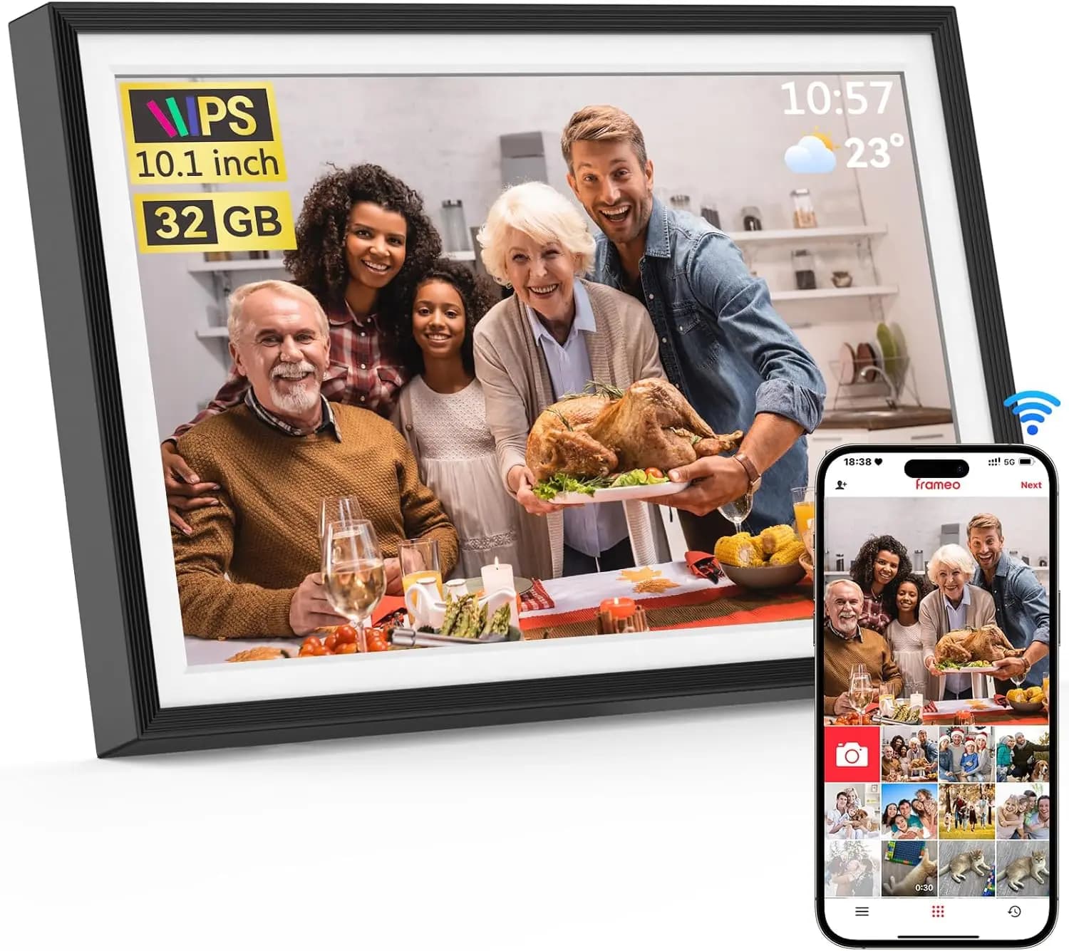 Cornice digitale WiFi da 10,1 pollici, 32 GB, schermo touch HD, rotazione automatica, condividi foto e video ovunque