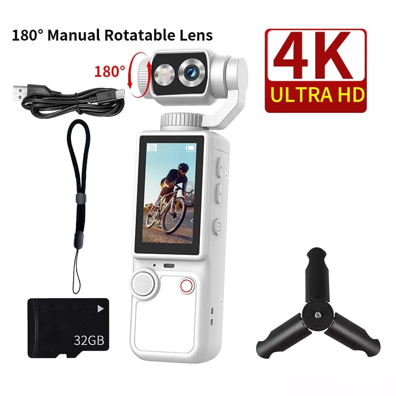 2 inch LCD display, 5K HD pocket video camera 270 ° Rotating Vlog Wi-Fi Recorder with Anti-Shake ELS System for Bicycle Travel