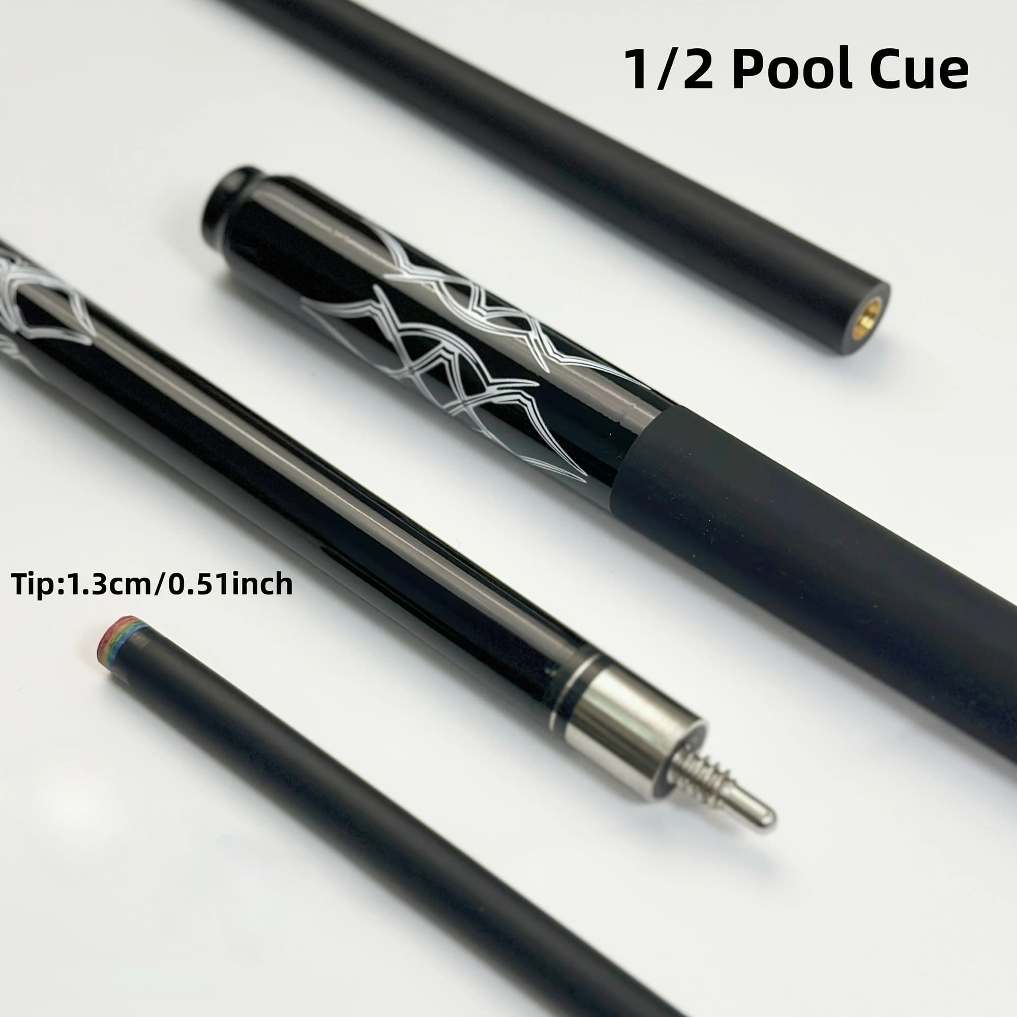 Fiberglass 1/2 Split Billiard Cue 146cm 13mm Tip Stainless Steel Joint Non-slip Grip Black White Pattern Pool Cue