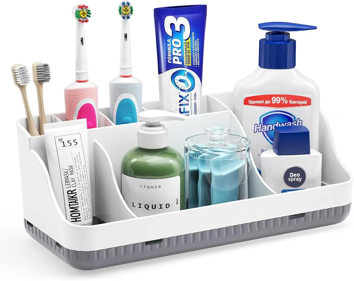 Organizzatore e portaoggetti da bagno, 7 scomparti, porta spazzolini rimovibili per bagno, porta spazzolino elettrico antiscivolo