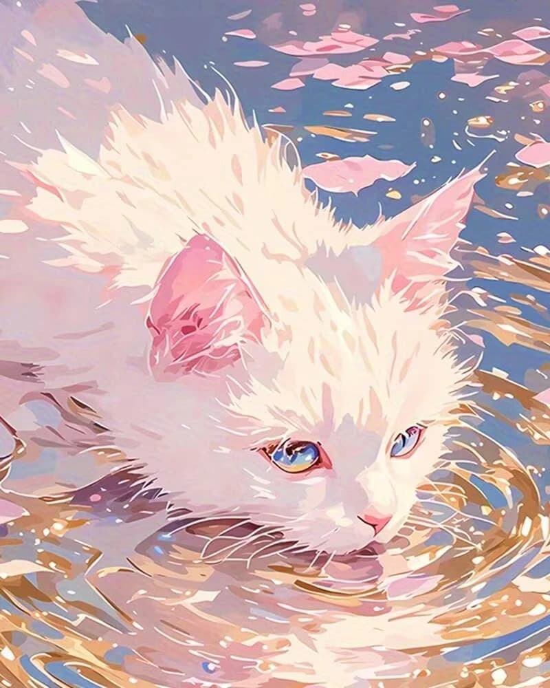 5D DIY Dreamy Sakura Cat Diamond Painting, White Kitten with Golden Water Reflections Handmade Art Creative Gift Home Decor