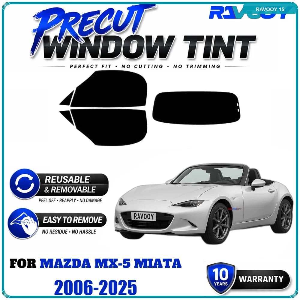 RAVOOY Precut Window Tint, Reusable Removable EPU Film, Custom Fit for Mazda MX-5 Miata 2006-2025, UV Heat Protection