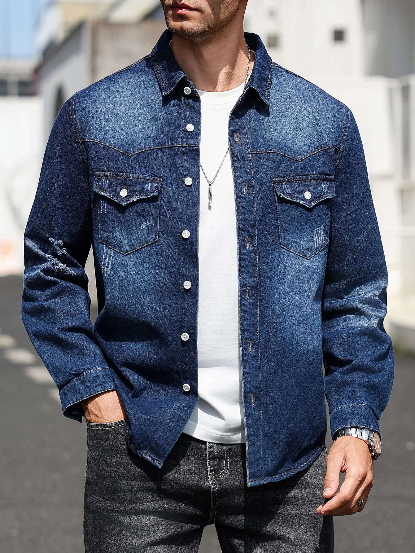 Men's dark blue distressed western-style denim shirt jacket, casual button-front layering streetwear top
