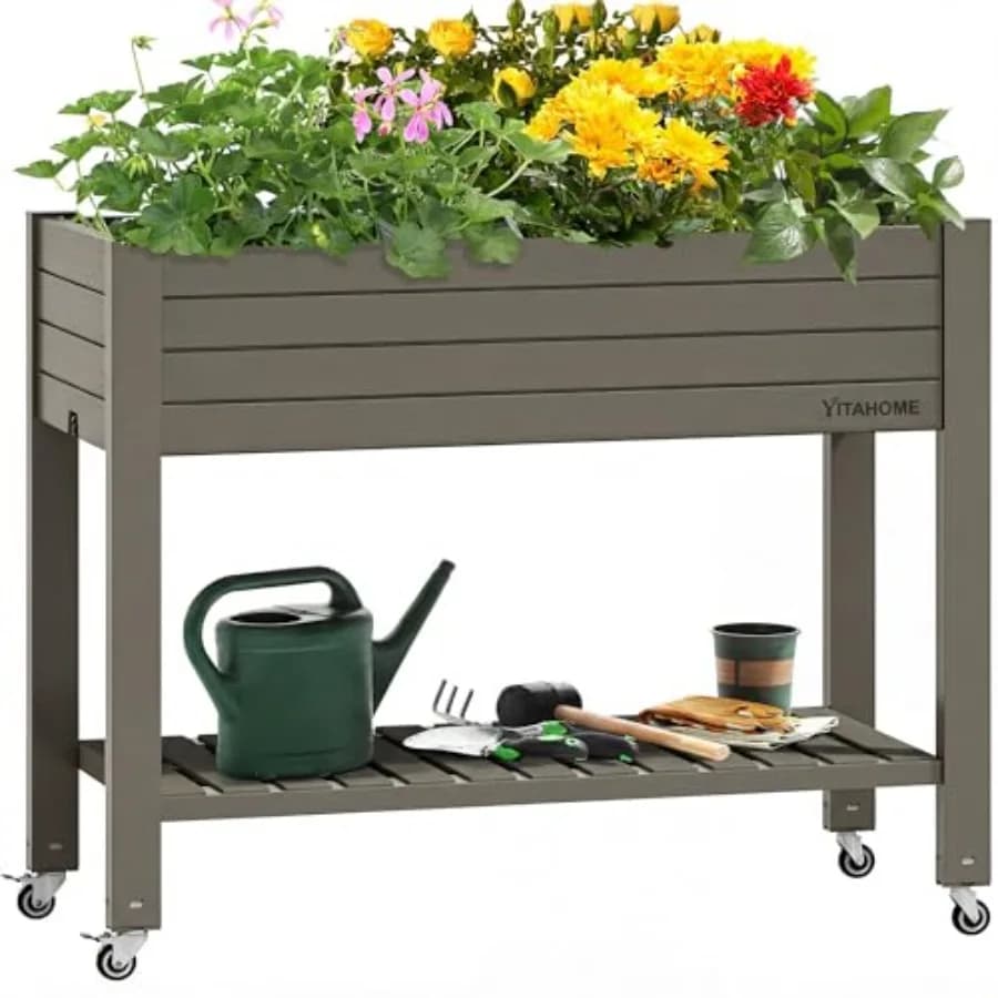 Fioriera Grande da Esterno in Resina con Supporto, Gambe e Ruote 3.6x1.5x2.8 FT, Kit Letto da Giardino Rialzato con Tappo di Drenaggio e Vano Portaoggetti