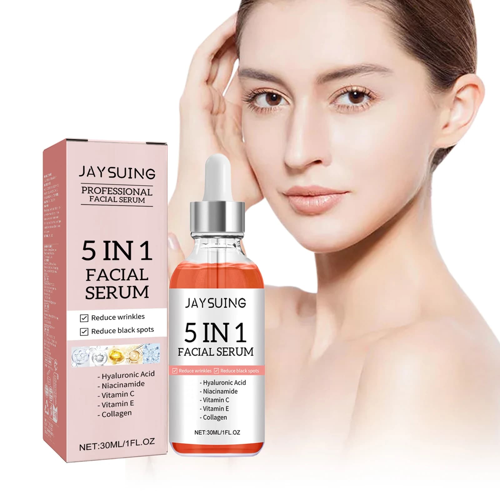 Siero viso 5 in 1 con acido ialuronico, idratante, sbiancante, antirughe, anti-invecchiamento, vitamina C, attenua le macchie, restringe i pori, cura della pelle, 30ml