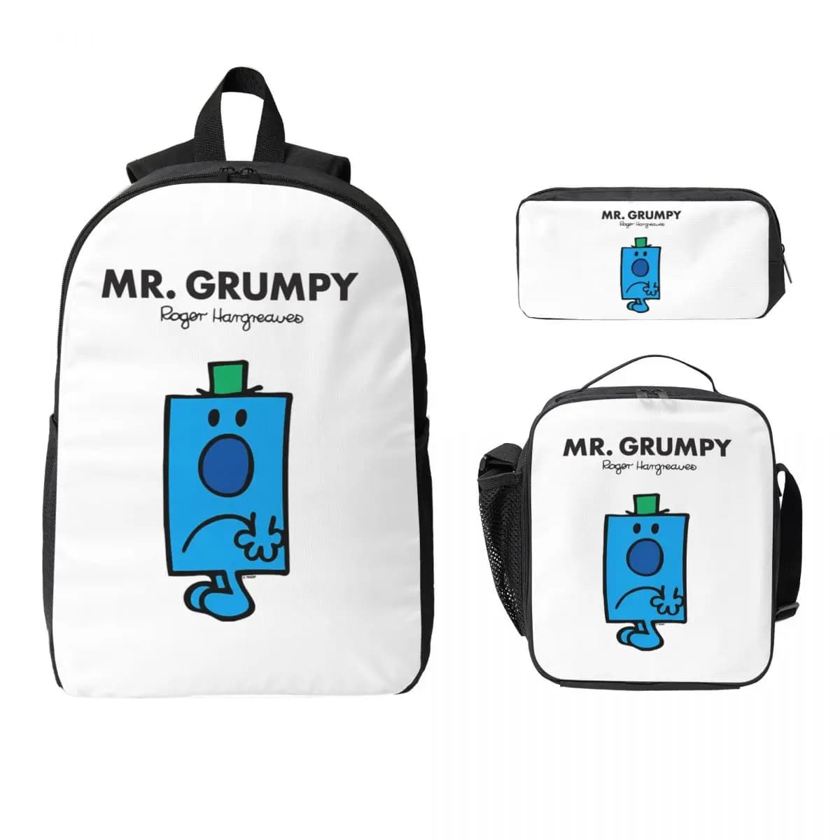 Mr. Grumpy Backpack Student BookBag Borsa da scuola Borsa a tracolla per laptop 3 pezzi Borsa termica per il pranzo Astuccio per matite