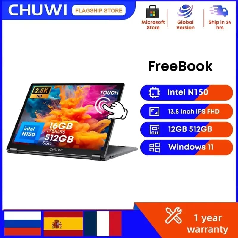 CHUWI FreeBook Laptop 2-in-1 with Touch Screen 13.4', Intel N150, FHD 2520x1680, 16GB RAM LPDDR5, 512GB SSD, BT5.2, Windows 11