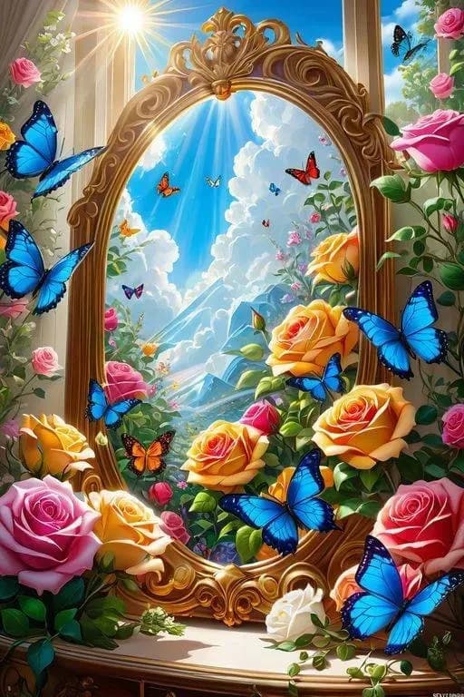 Paesaggio nella specchia: Pittura Diamante Fai da Te 5D, Mosaico Diamantato, Punto Croce per Decorazioni Domestiche, Regali Unici