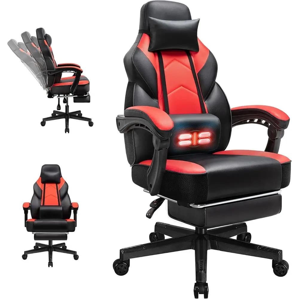 Sedia da gaming con schienale alto, per persone di statura elevata, con supporto lombare massaggiante, rotazione a 360° ° Girevole, regolabile in altezza, rosso