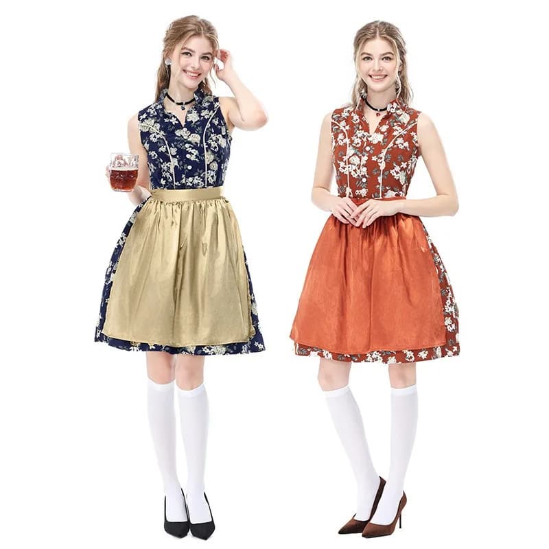 Ladies Traditional Bavarian Dirndl Sleeveless Floral Blouse With Pleated Apron For Oktoberfest Carnival Cosplay