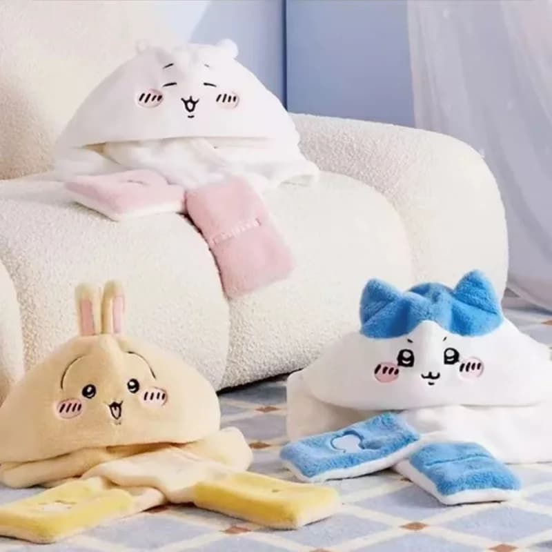 Sciarpa 3 in 1 con Cappello e Guanti, Personaggio Anime Kawaii Chiikawa, Scaldacollo Invernale Morbido e Soffice