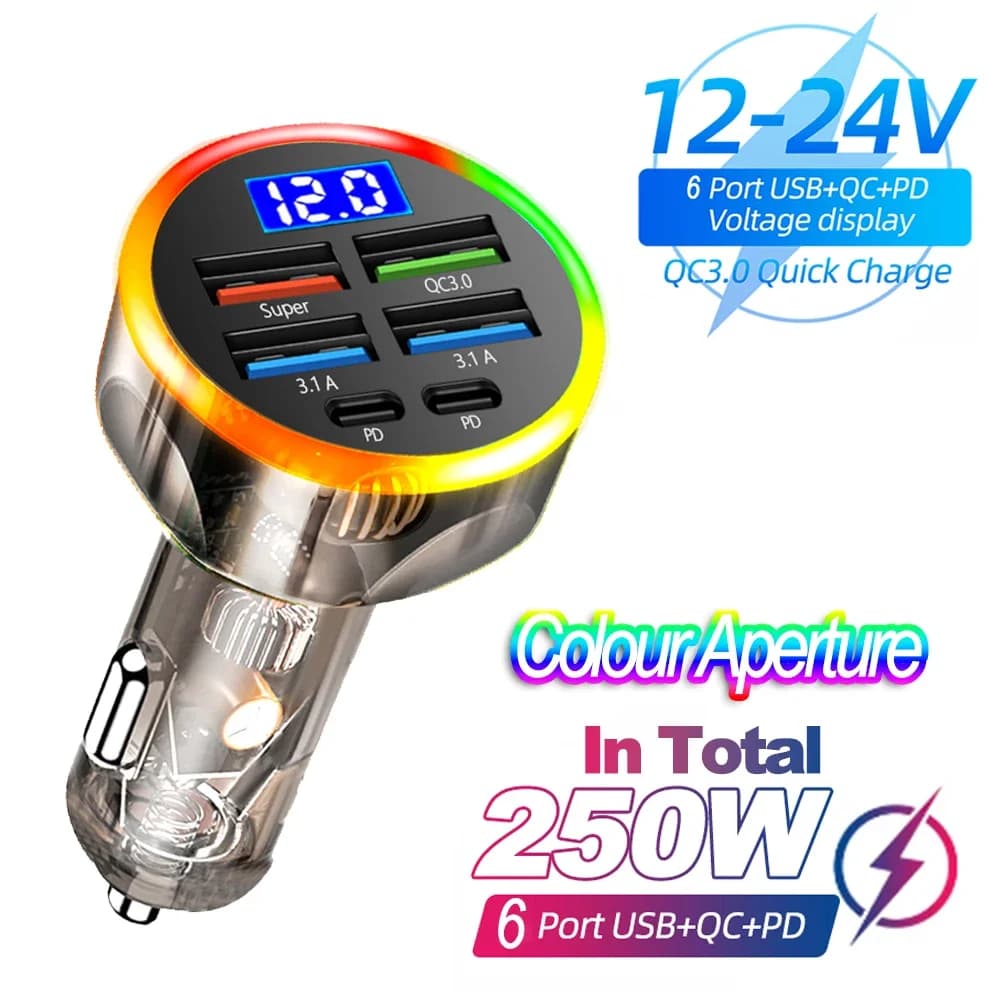 Caricabatteria per auto veloce PD da 200 W QC3.0 Carica rapida da uno a sei Caricabatteria per auto con presa accendisigari Carica flash con display digitale