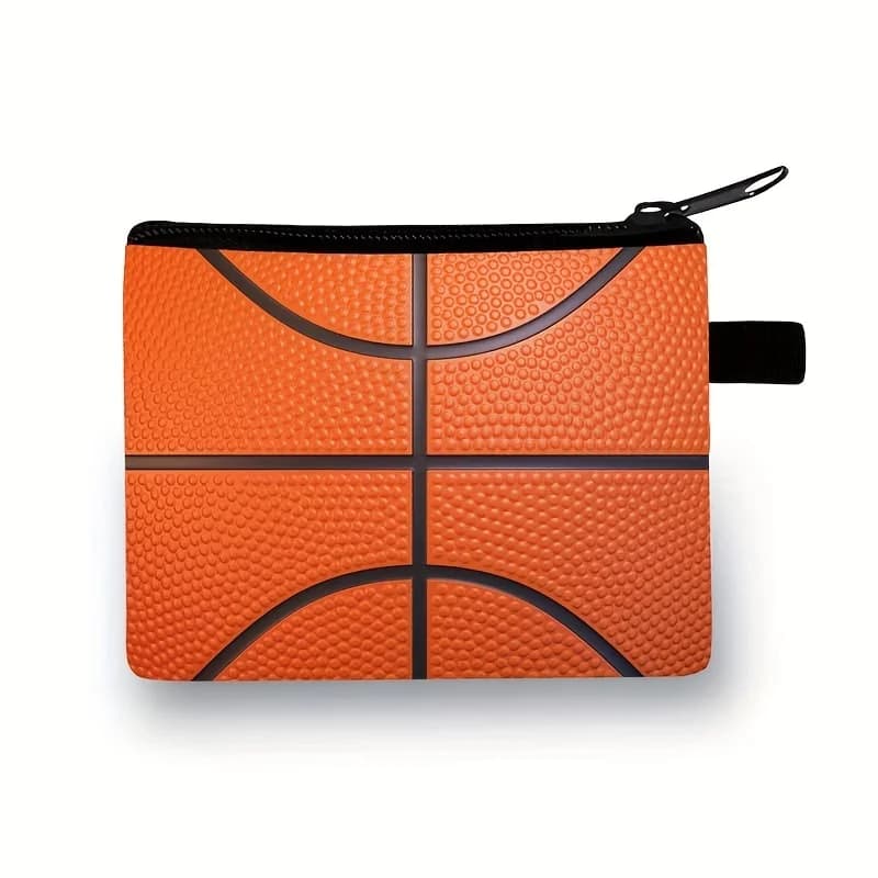 Un portafoglio con motivo a pallacanestro, una borsa per la moneta, un portafoglio portatile