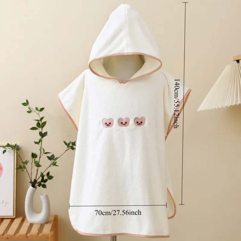 Bathrobe with Coral Pile Hood Embroidered Bearing Shape, Towel Poncho Absorbent for Children, Comfortable for Bathroom and Newborn Daily Drying