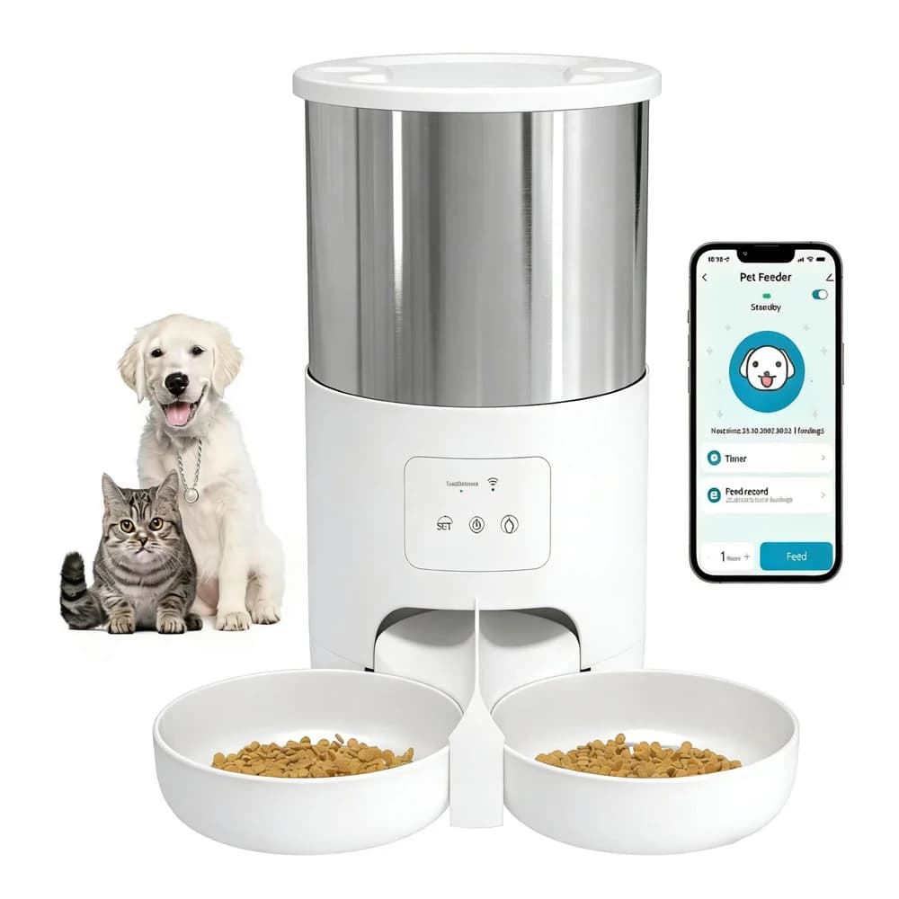 Distributore Automatico di Cibo per Animali Domestici da 4,5L con WiFi, Ciotole in Acciaio Inox, Controllo Remoto tramite App per Gatti e Cani (Senza Spina 5V 1A)