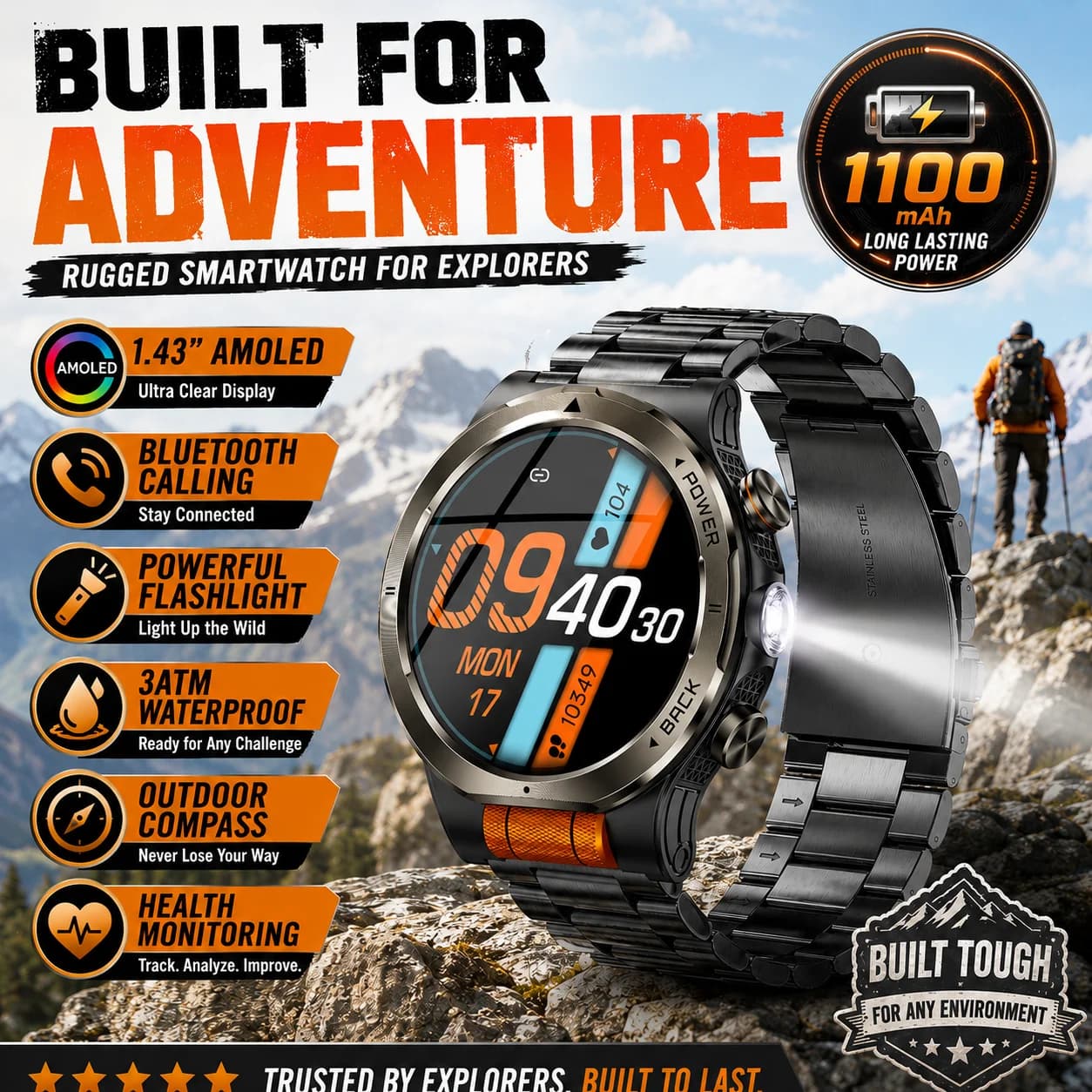 LIGE New 1.43 inches AMOLED Smart Watch Military Grade Durability 1100mah Battery BT Call 3ATM Waterproof Flashlight Sport Watch