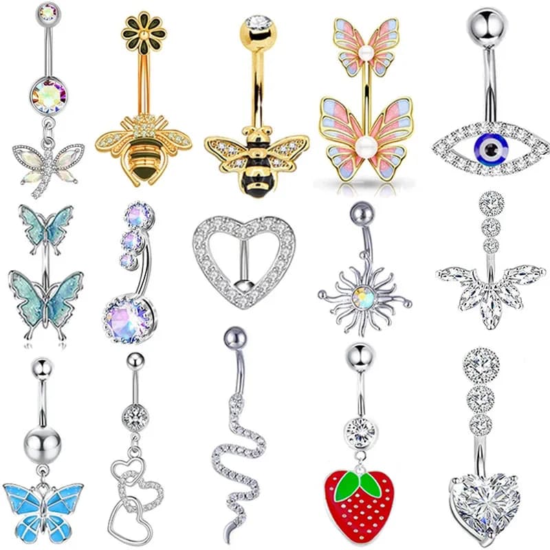 Dainsty Dangled Anelli per ombelico Acciaio chirurgico 14G Bar Anello per piercing all'ombelico Cristallo CZ Ape Fiore Cuore Anello per pancia Gioielli per l'orecchio