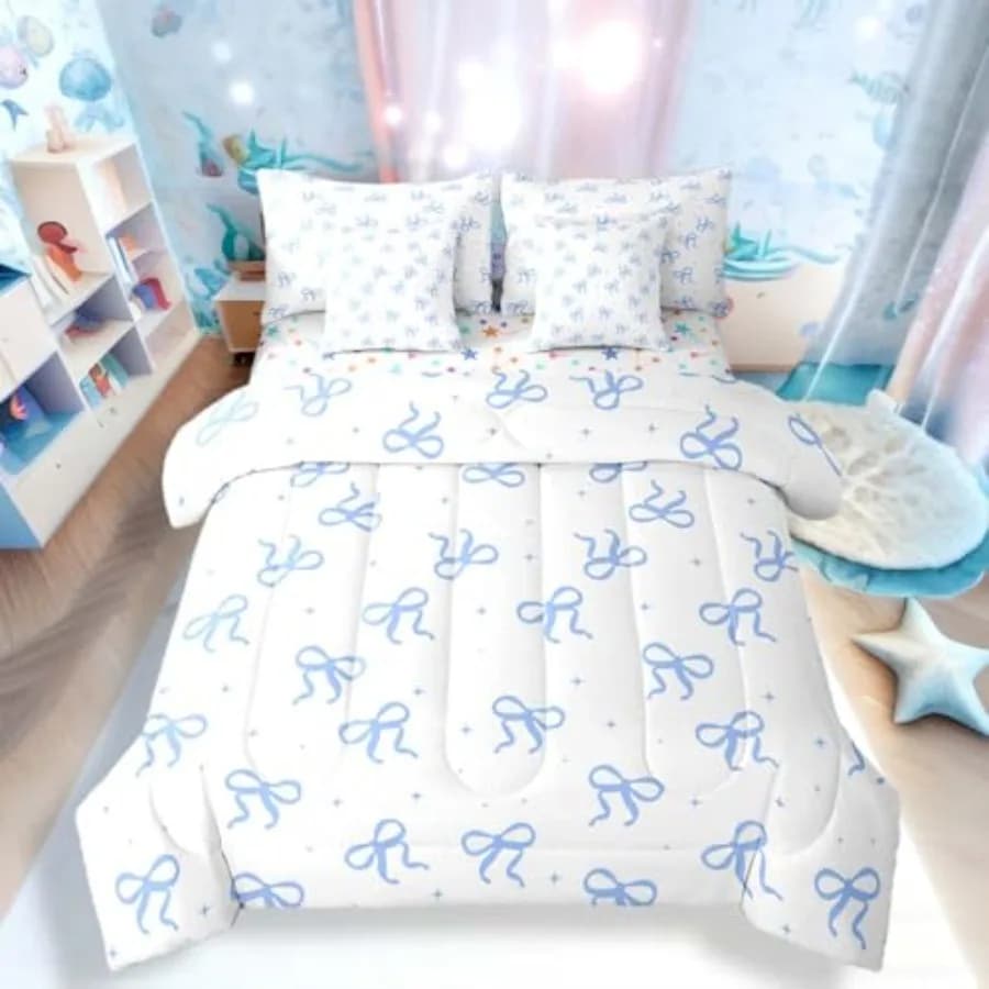 Set Copripiumino con Fiocchi, 7 Pezzi, per Ragazze Adolescenti, Set Biancheria da Letto con Lenzuola, Stile Trendy con Fiocchi, Set Completo con Lenzuolo Piatto e con Angoli