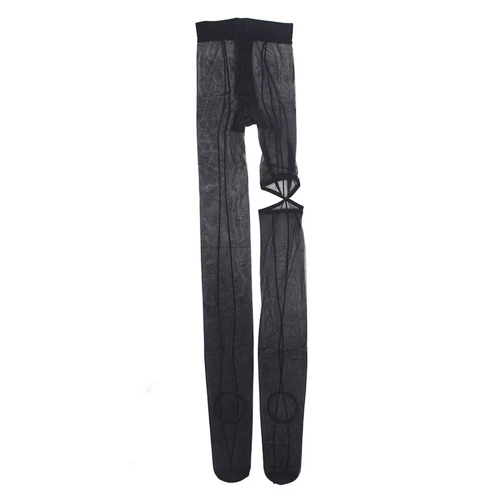 Moda Trasparente Maglia Alta Collant Linea Verticale Collant Scava Fuori Leggings Y2K Nero Asimmetria Collant Donna Estate