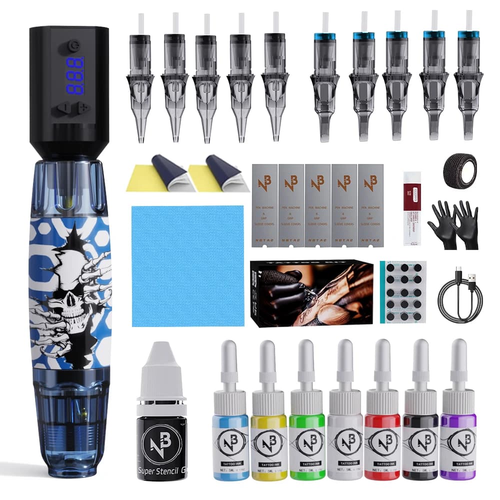 Complete kit for Goldplume tattoos, wireless tattoo machine kit, tattoo gun kit with 1500 mAh tattoo power supply, 10 tattoo needles and 7 tattoo ink bottles and other tattoo accessories, complete tattoo kit suitable for beginners and tattoo masters