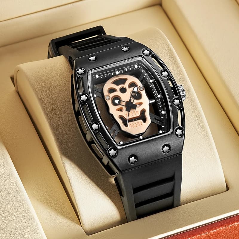 Men's Skull Dial Fashion Tonneau Black Style punk Quartz Watch Sport Skeleton Men's Watch Fresh For Halloween Gift