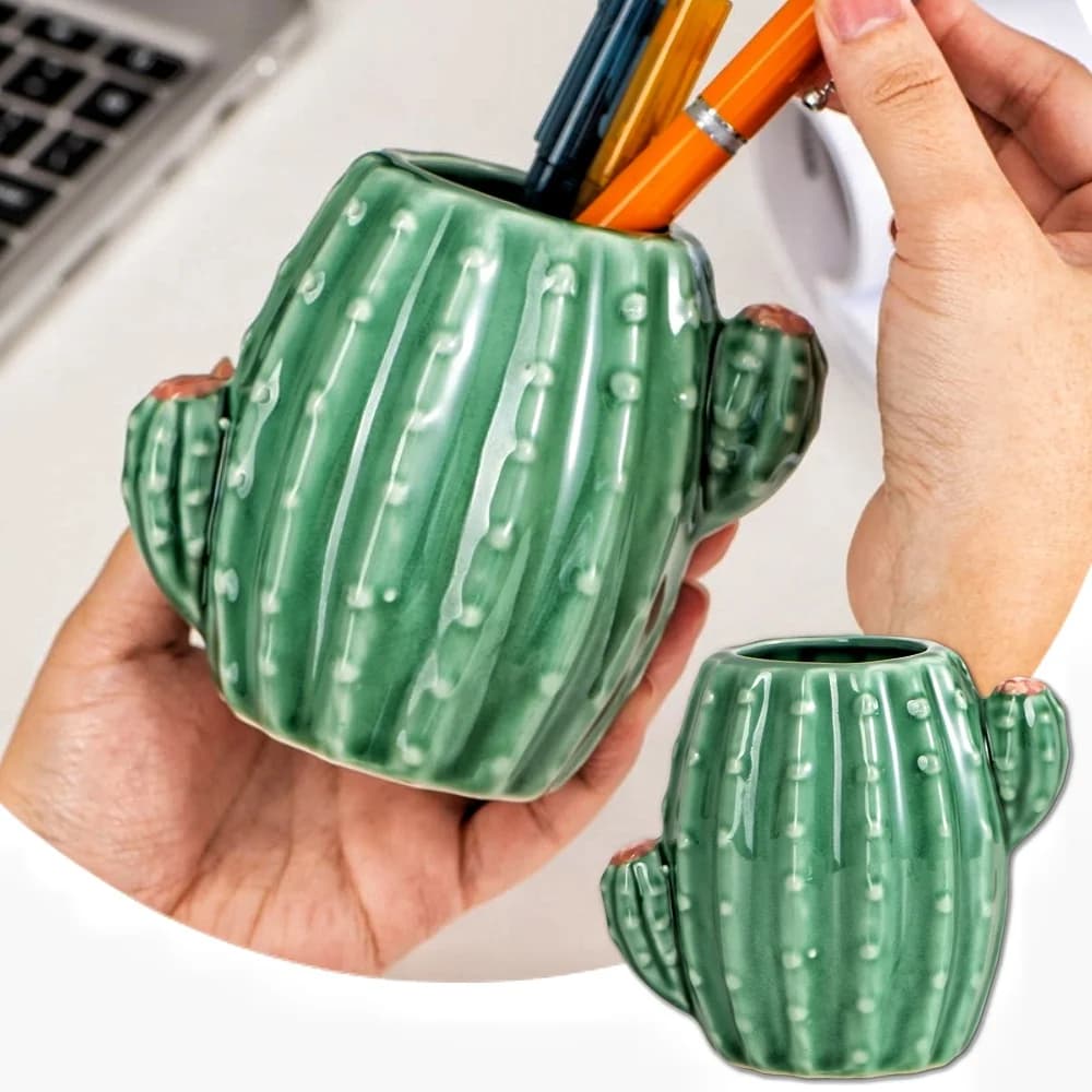 1 PC Cactus Portapenne in ceramica Supporto per tazza Portapenne Organizzatore Porta pennelli per trucco per scrivania da ufficio Cactus verde bianco
