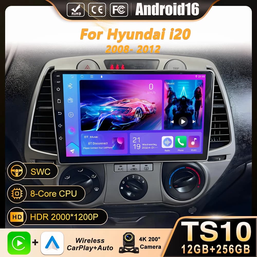 Android 14 Carplay Per Hyundai i20 2008 2009 2010 2011 2012 Autoradio Stereo Lettore Video Multimediale DSP GPS 4G WIFI QLED Schermo