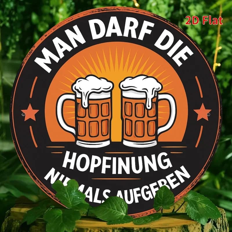 Targa Rotonda in Metallo Stampata 2D con Scritta 'Man Darf Die' - Design Vintage Tedesco per Boccale da Birra con Testo 'Hopfung Niedals Auffgeben', 7.8x7.8 Pollici