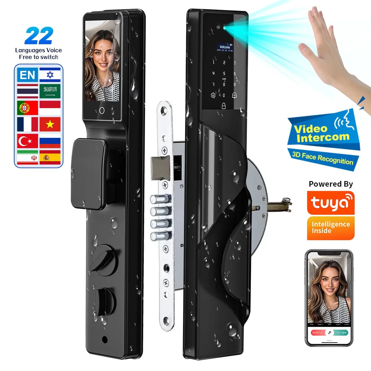 Serratura Intelligente Tuya Wifi 2026 con Riconoscimento Facciale Palm Face, Monitoraggio Video e Citofono, Compatibile con Mortasa Israeliana
