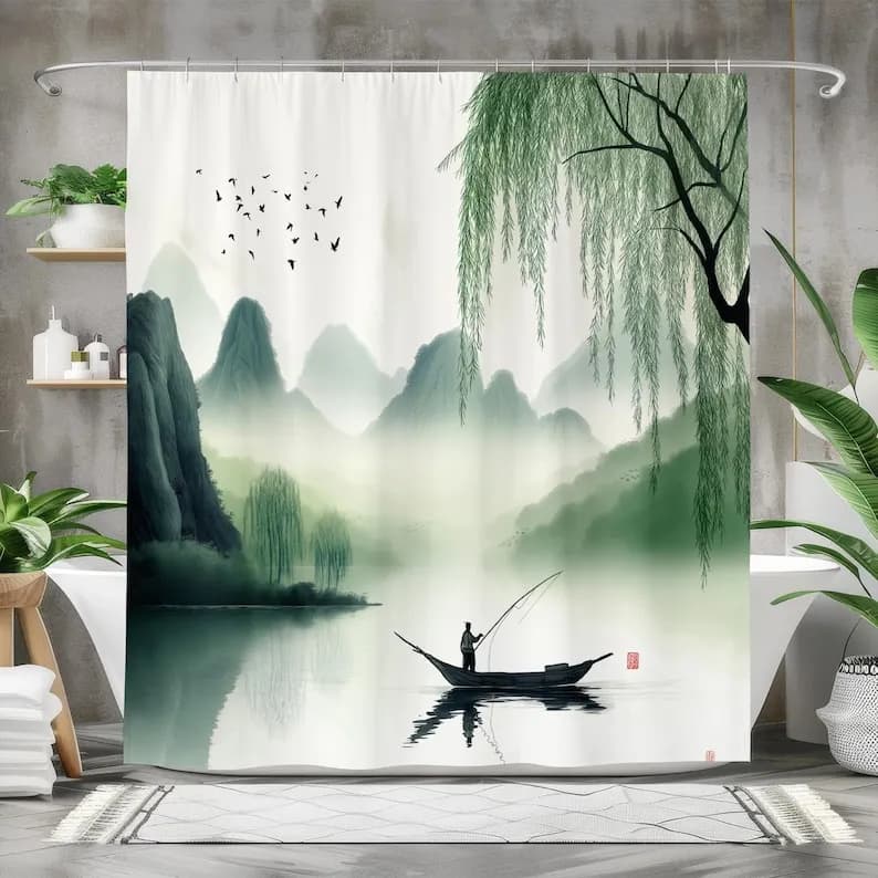 Serene Mountain Lake Shower Curtain, Waterproof Fabric Bath Curtain, Tranquil Nature-Inspired Bathroom Decor