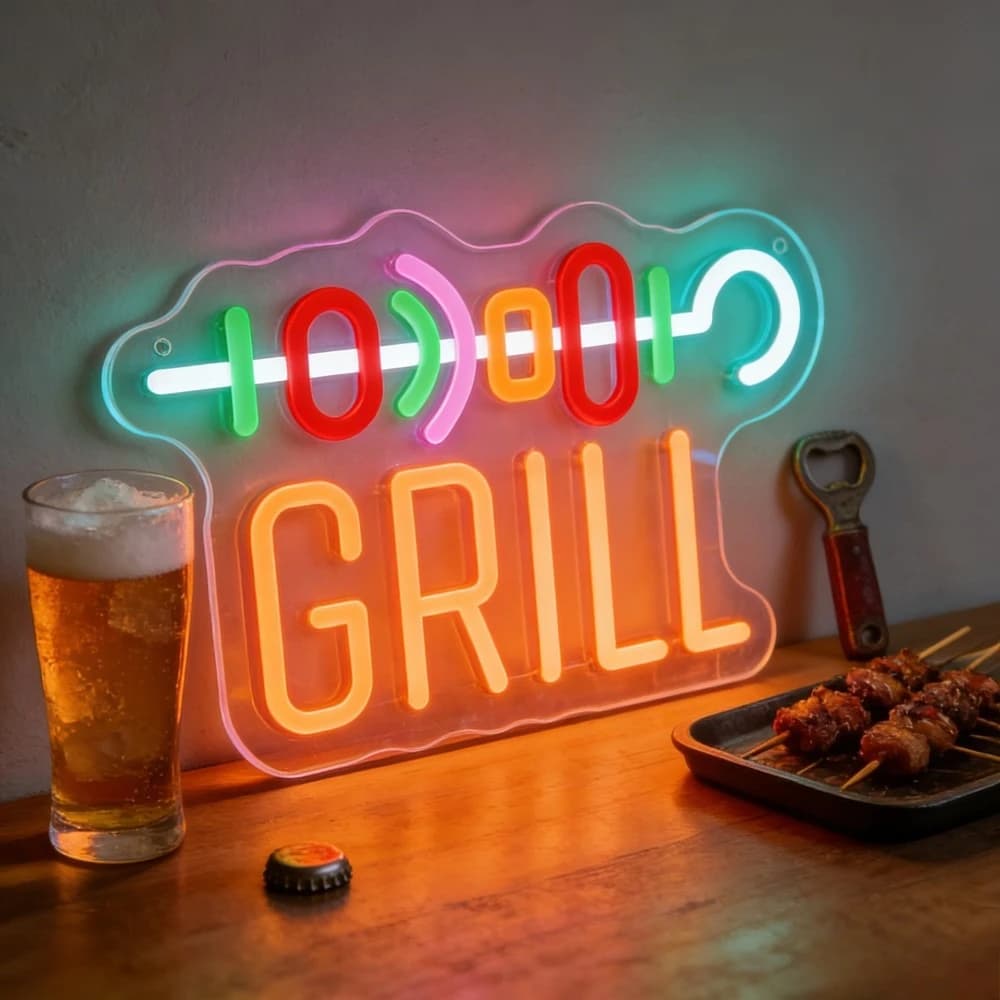 Insegna al Neon '1000 Grill' con Luce LED Dimmerabile USB, Illuminazione Multicolore Brillante per BBQ, Ristoranti, Bar, Pub, Regalo per Amanti della Cucina
