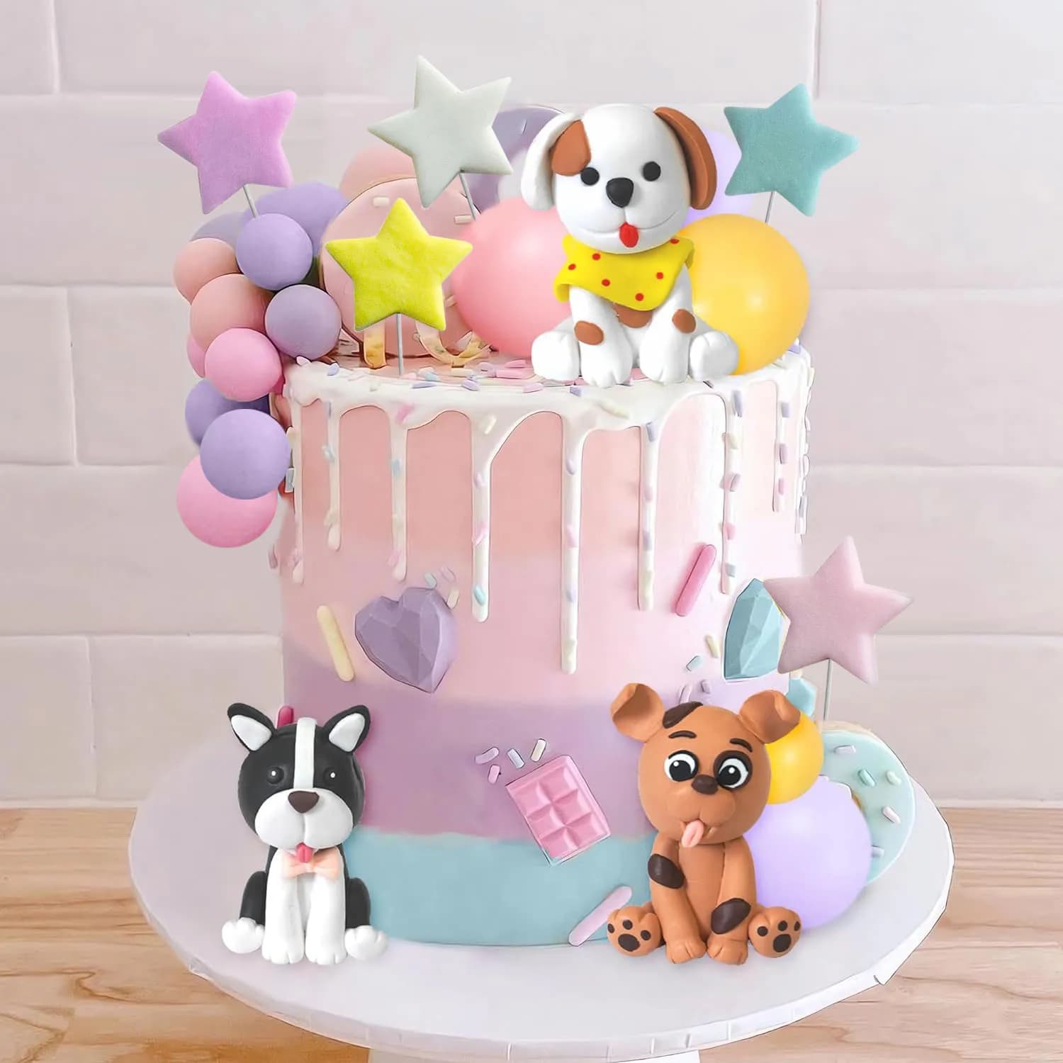 Topper per torta per cani, figurine in argilla, design a stella e palla con stampe di zampe per compleanno di cani e baby shower, decorazioni per feste per animali domestici gialle/rosa/viola