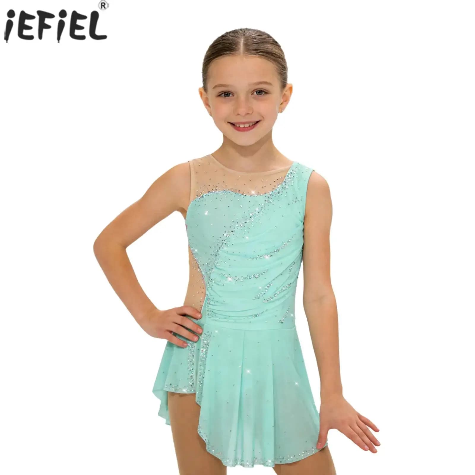Costume da Pattinaggio Artistico per Bambine, Abito Senza Maniche con Strass Luccicanti e Rete, Leotard per Danza e Ginnastica Ritmica