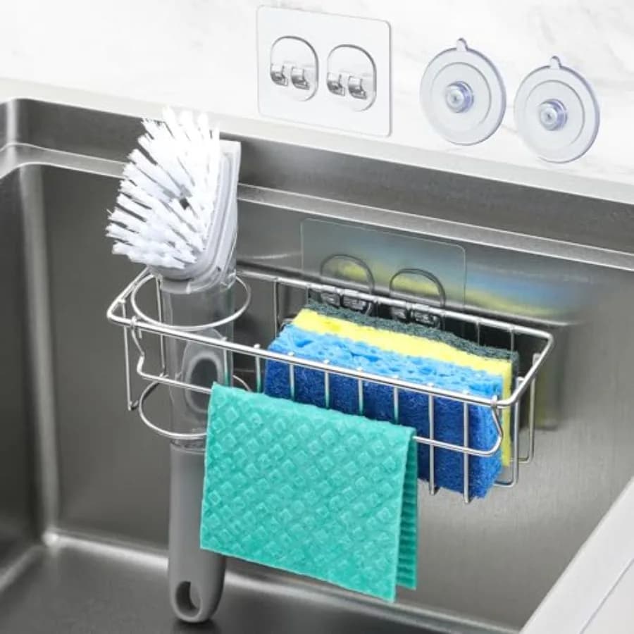 3-In-1 Sponge Holder for Kitchen Sink with Suction Cups and Adhesive Hook, In-sink Sponge Holder, Wall Hanging Sink Caddy Organ