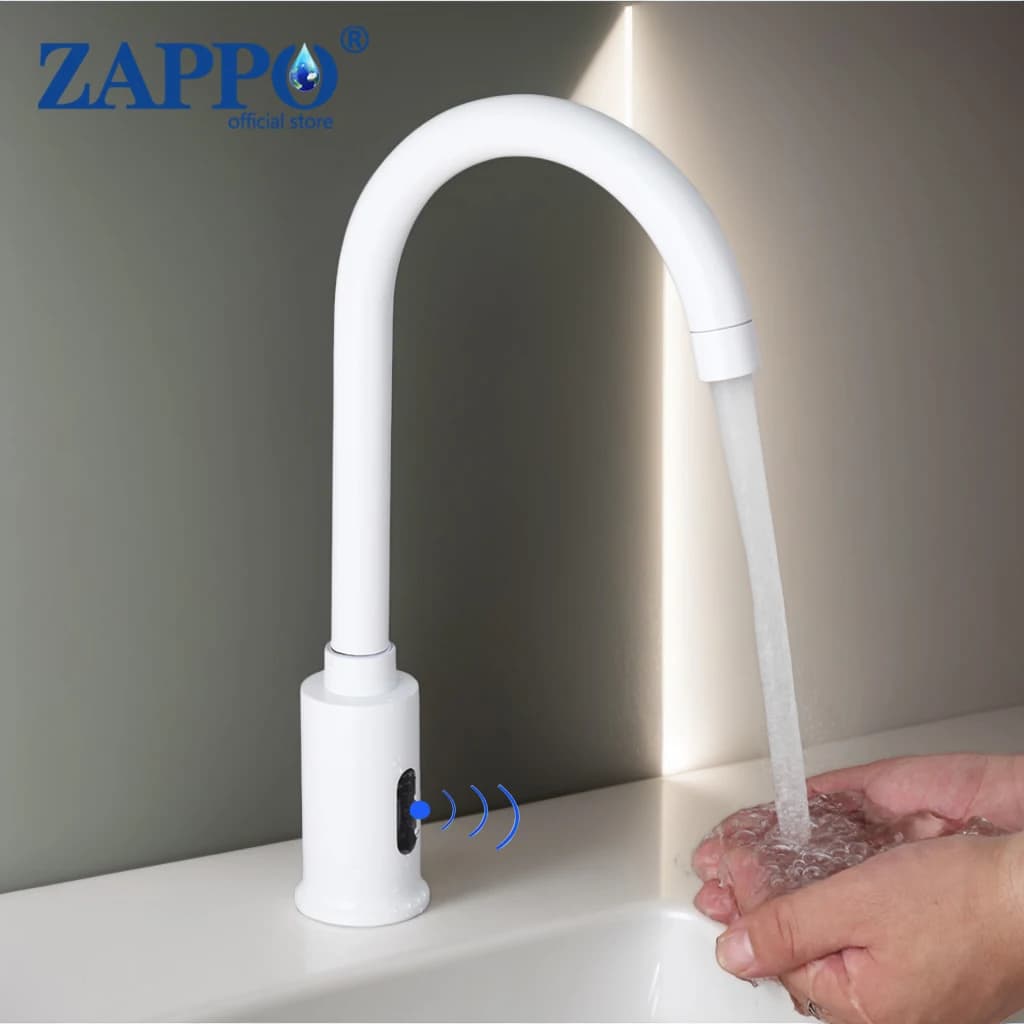 ZAPPO Rubinetto per lavabo con sensore intelligente Miscelatore acqua calda e fredda Rubinetto automatico con sensore touchless montato su piano Bianco/Oro