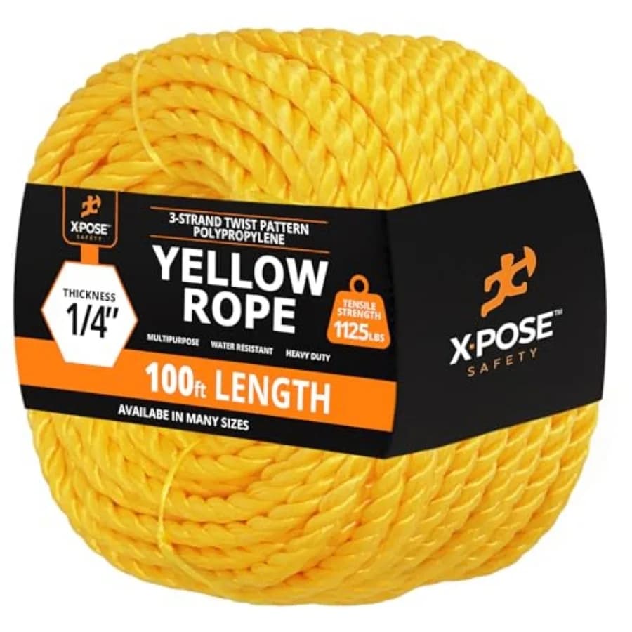 Yellow Twisted Polypropylene Rope, 1/4" Thickness x 100' Length Heavy Duty Poly Ropes for Outdoor and Marine Use, Yellow Rope f
