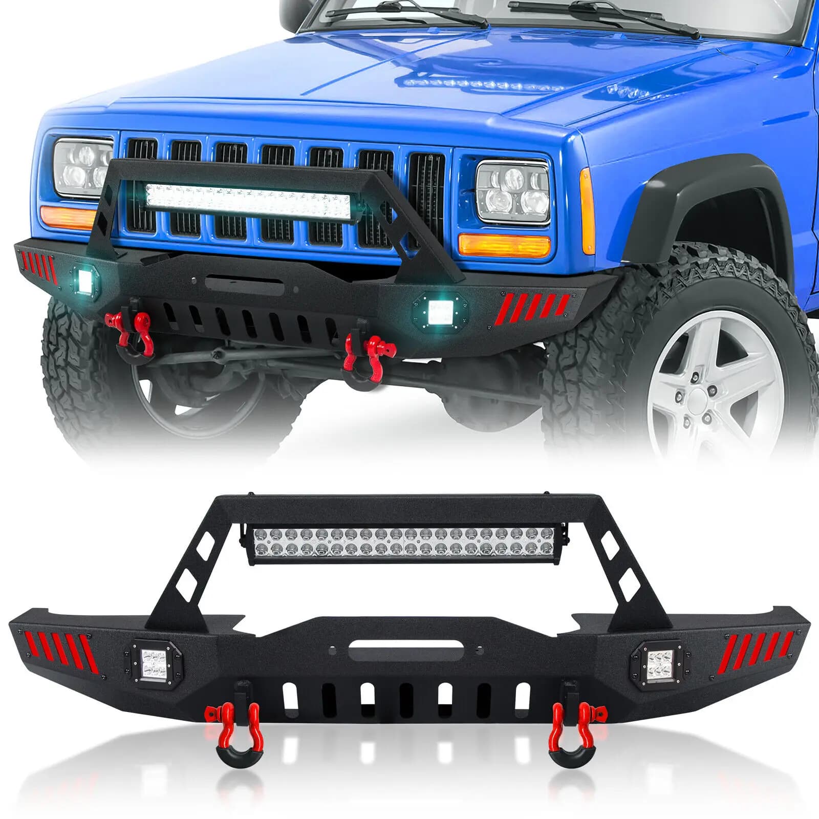 Paraurti anteriore con piastra verricello e 3 × luci LED e anelli a D compatibili con Jeep Cherokee XJ 1984-2001 (2/4 porte) Nero testurizzato