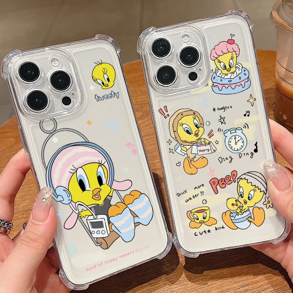 Cover Trasparente Morbida Anti-caduta con Cartone Animato Uccelli Tweety per Apple iPhone 17 Air 16 15 14 Plus 13 12 11 Pro Max
