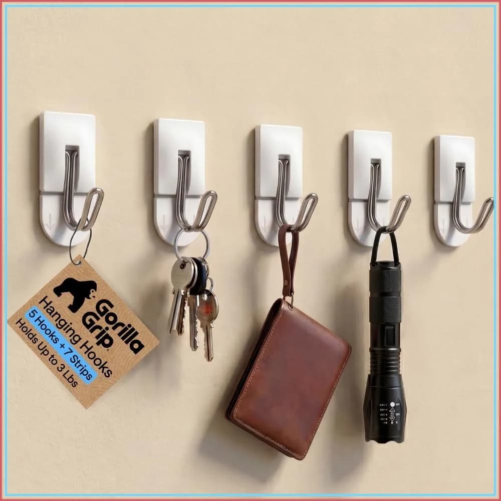 Heavy Duty Self Adhesive Wall Hooks, Damage-Free Removable Metal Hooks for Hanging Towels, Coats, Keys, Purse, Kitchen Bathroom, 5 Pack