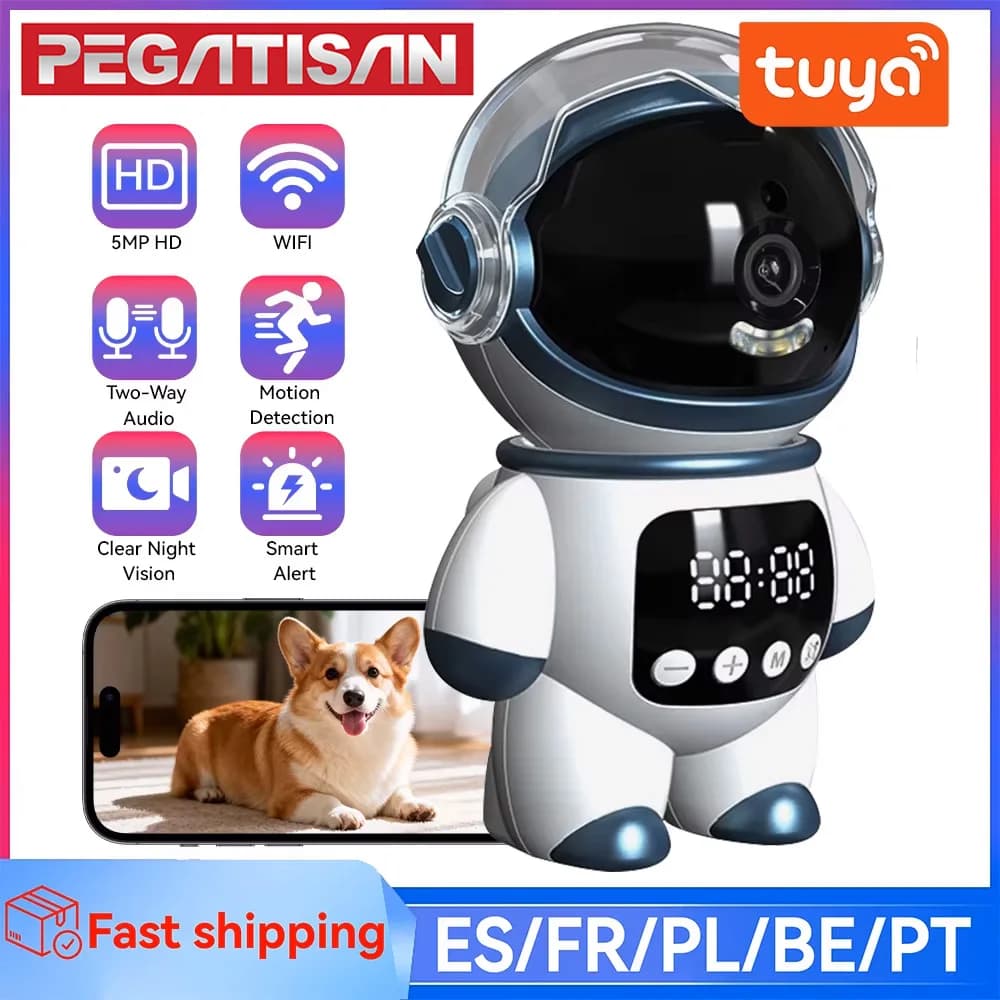 Telecamera WiFi PTZ Tuya Smart da 5MP con Audio Bidirezionale, Monitor per Bambini a Forma di Astronauta, Rilevamento del Movimento, Visione Notturna, Webcam per Animali Domestici