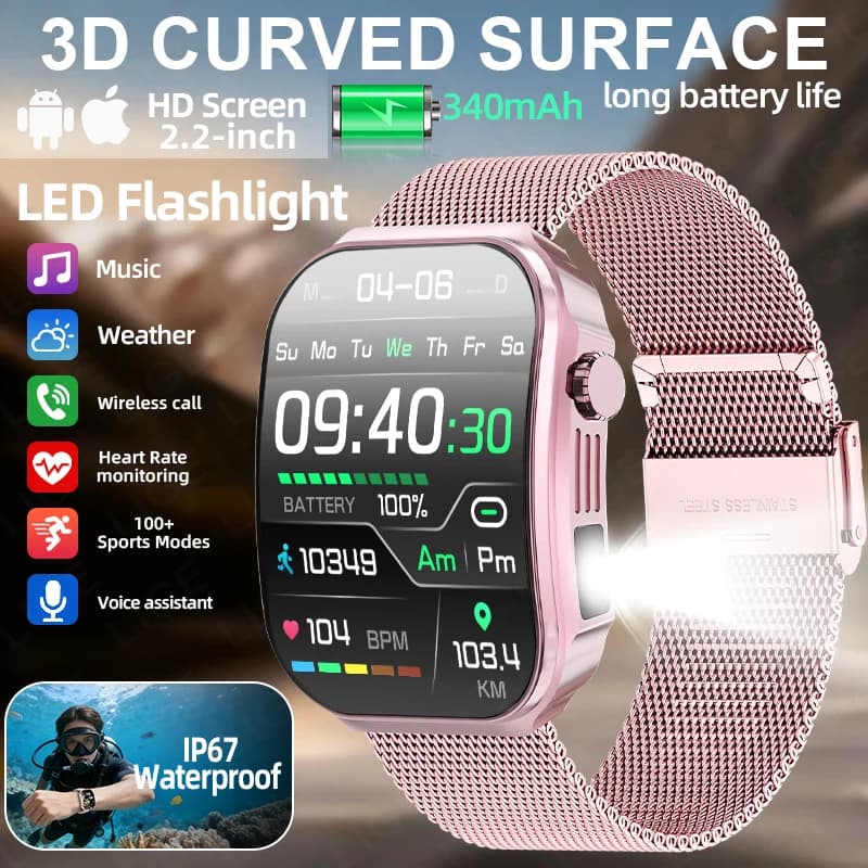 LIGE Nuovo Smartwatch da Donna con Schermo Curvo HD Touch da 2,2 Pollici, Monitoraggio Frequenza Cardiaca e Temperatura Corporea, Chiamate Vocali Bluetooth, Fitness Tracker per Uomo