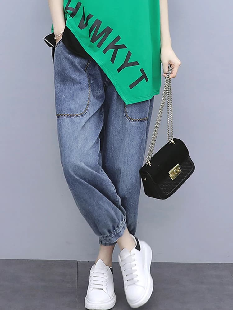 Fashionable Loose Women's Two-Piece Set Summer Casual Wear High Waist Wide Leg Pants Denim Blue Color Meat Concealing Slimming