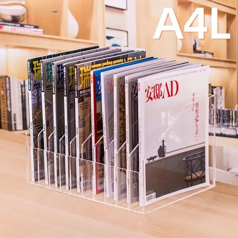 Organizzatore di file A4 in acrilico con ripiano fermalibri | Portadocumenti a basso profilo per scrivania da ufficio, portaoggetti portatile per libri e appunti
