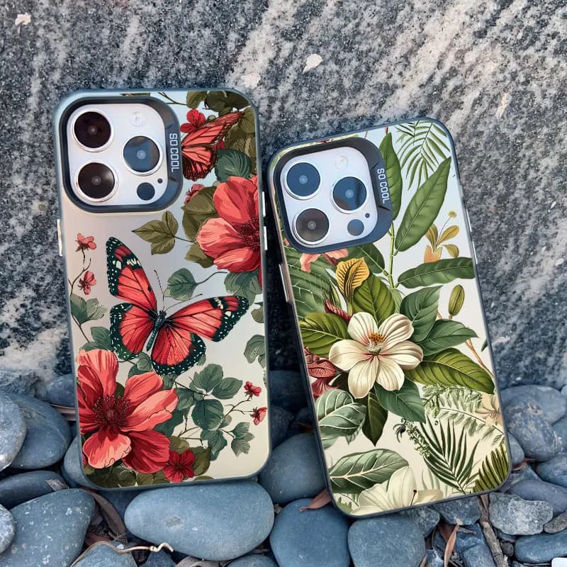 Vintage Flower Phone Case For iPhone 17 16 15 14 Pro Max 12 11 13 Pro Max Mini 15 16 Plus Butterfly Plant Shockproof Laser Cover