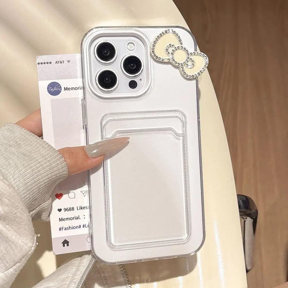 Custodia antiurto in gelatina di silicone color caramello per iPhone 16 15 11 12 13 14 Pro Max Protezione con fiocco 3D Cover con tasca posteriore per carta