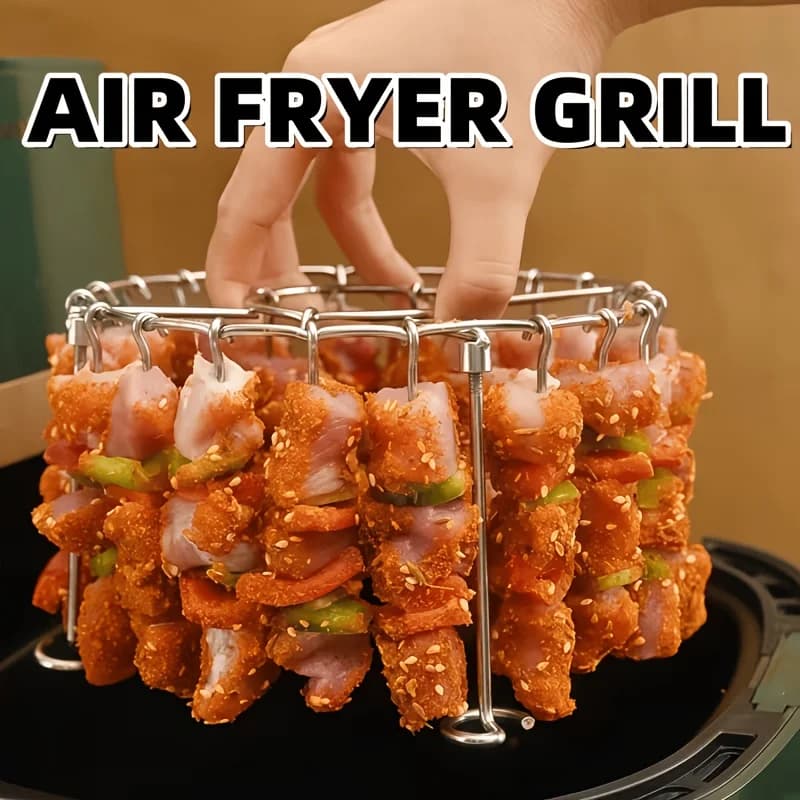 304 stainless steel vertical grill rack + 24 skewers, suitable for 3QT-6QT air fryer ovens, essential for kitchen and outdoor grilling, heats evenly and prevents burning, ideal for grilling meat and vegetables