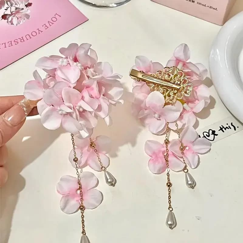 1/2PCSPink Hydrangea Floral Tassel Pearl Hair Clips Pair Romantic Bridal Chinese Style Hair Barrettes
