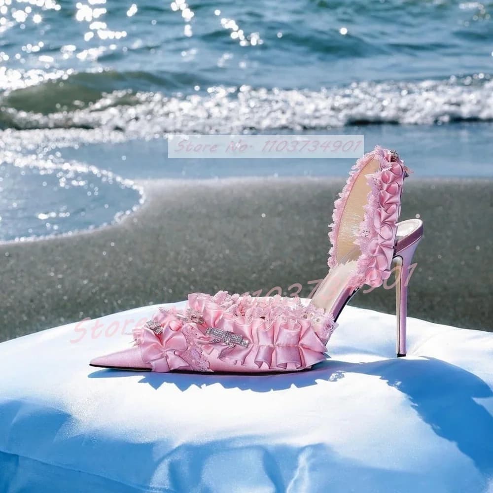Satin Floral Bow Knot Pointed Sandals Women Back Strap Pink Pleated High Heels Sandals Lady Sexy Fashion Elegant Stiletto Shoes